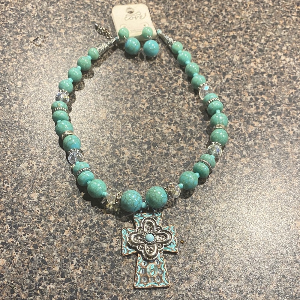 Cove Aqua and Silver Necklace with Cross Charm